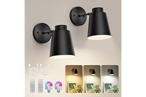 Wall Sconces Set of 2, Black Metallic Battery Operated Wall Sconce, Magnetic Wall Lights with Remote, Dimmable 3 CCT 12 RGB, 