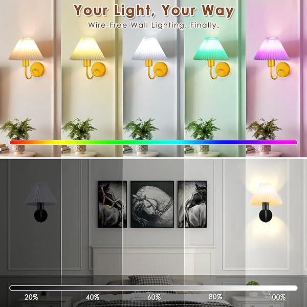MODERN WALL SCONCES SET OF 2, WIRELESS BATTERY OPERATED WALL SCONCES, 2 PACK NO WIRING PLUG IN WALL LAMP WITH RGB SMART BULB, EASY INSTALL PORTABLE WALL LIGHT FOR BEDROOM, LIVING ROOM (GOLD)