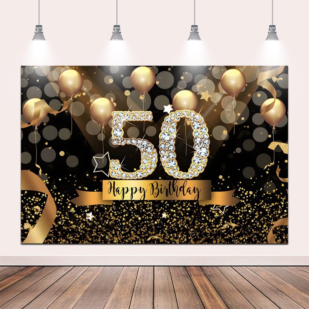 Photo 1 of Pnylzzyxh 10x8ft Happy 50th Birthday Party Photography Backdrop, Glitter Black and Gold Balloons Background for Woman Fabulous 50 Bday Shining Diamond Fifty Years Old Birthday Party Supplies