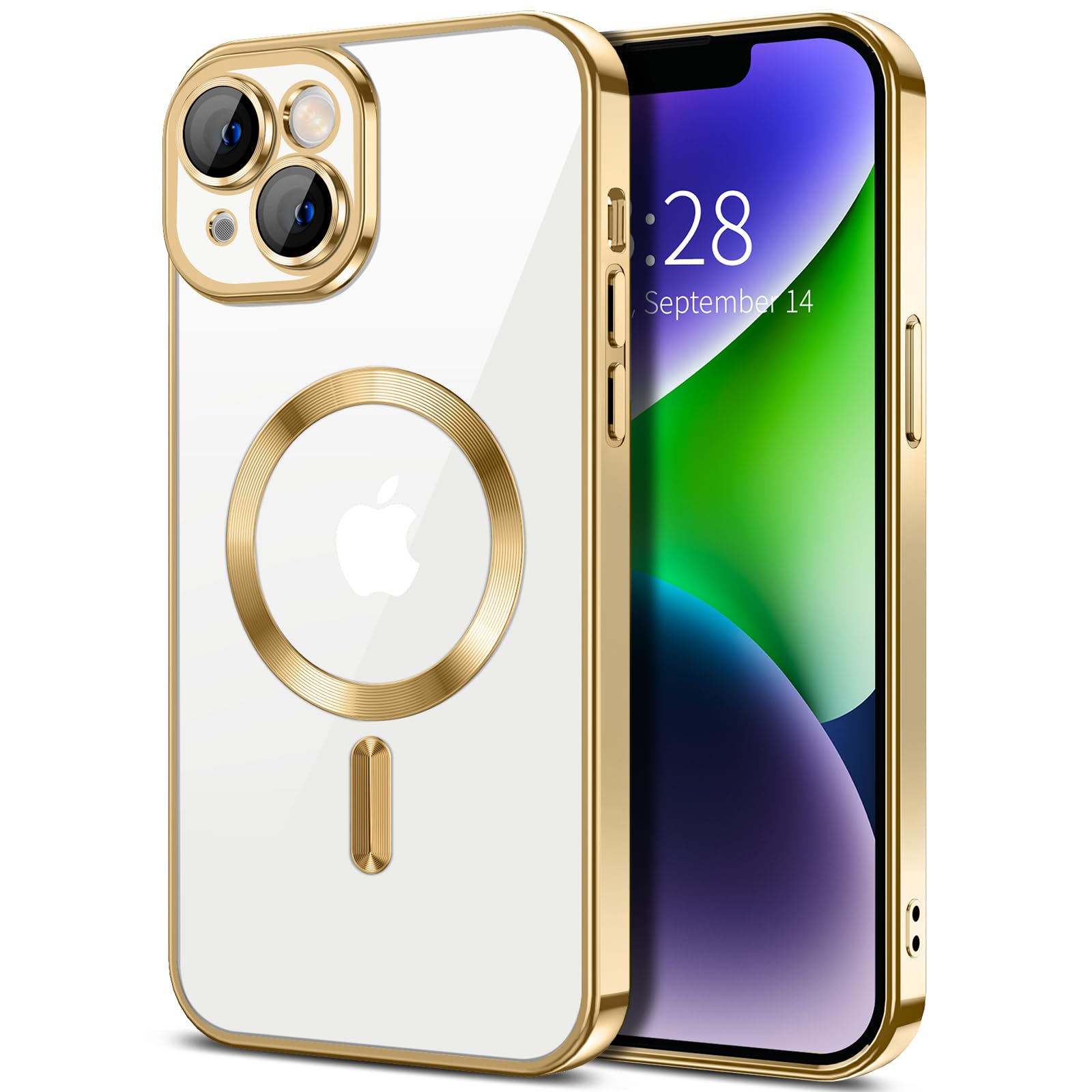 Photo 1 of Hython Magnetic Clear for iPhone 14 Case with Camera Lens Protector [Compatible with MagSafe] Luxury Plating Edge Slim Soft TPU Cover Protective Phone Case for iPhone 14 6.1", Gold