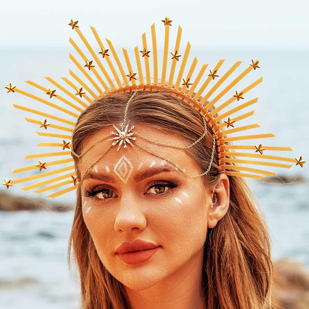 Zoestar Mary Halo Crown Headband Gold Stars Sunburst Goddess Headpiece Halloween Costume Hair Accessories for Women