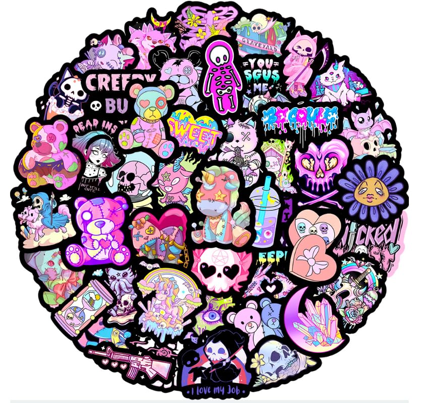 50 Pieces Gothic Aesthetic Stickers Pack for Water Bottles, Laptops, Skateboards, Waterproof Vinyl Stickers with Purple Skulls, Horror Thriller Designs, and Personalized Pink Gothic Stickers for Teens