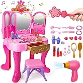 Toy Vanity Magic Makeup Set Table &amp; Chair Girl Toy Automatically Mirror with Music Light Pink Toys for 3 4 5 Year Old Girl Hair Salon Pretend Play Princess Dress Up Playset Valentine Gift Age 3-5