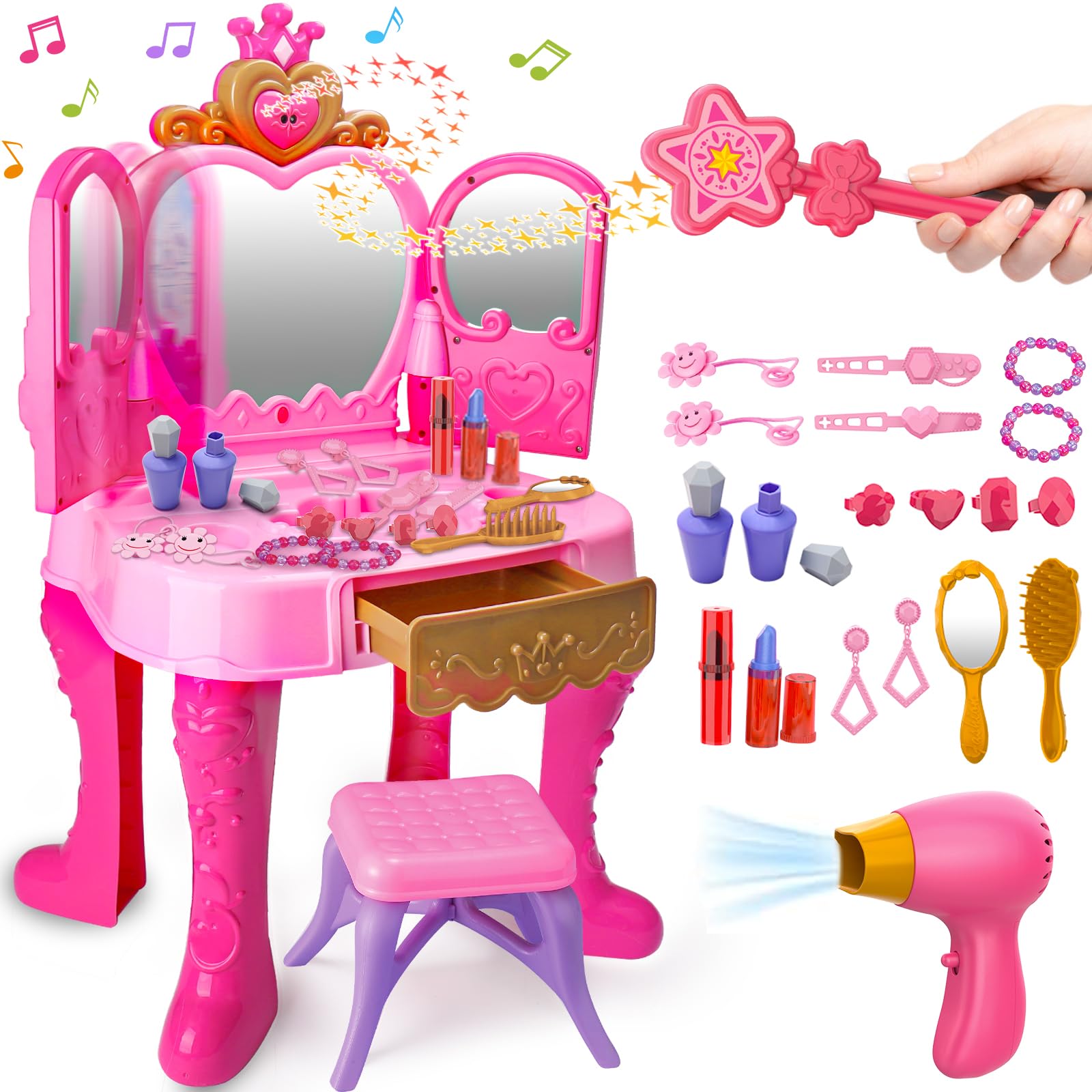 Photo 1 of Toddler Vanity Magic Makeup Set Table and Chair Girl Toy Automatically Mirror with Music Light Pink Toys for 3 4 5 Year Old Girls Hair Salon Pretend Play Princess Dress Up Playset Gift Toddler 3-5