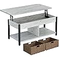 Rolanstar Coffee Table Lift Top, Coffee Table with Hidden Storage Compartment and 2 Rattan Baskets, 41.7" Retro Central Table with Wooden Lift Tabletop and Metal Frame for Living Room, Grey