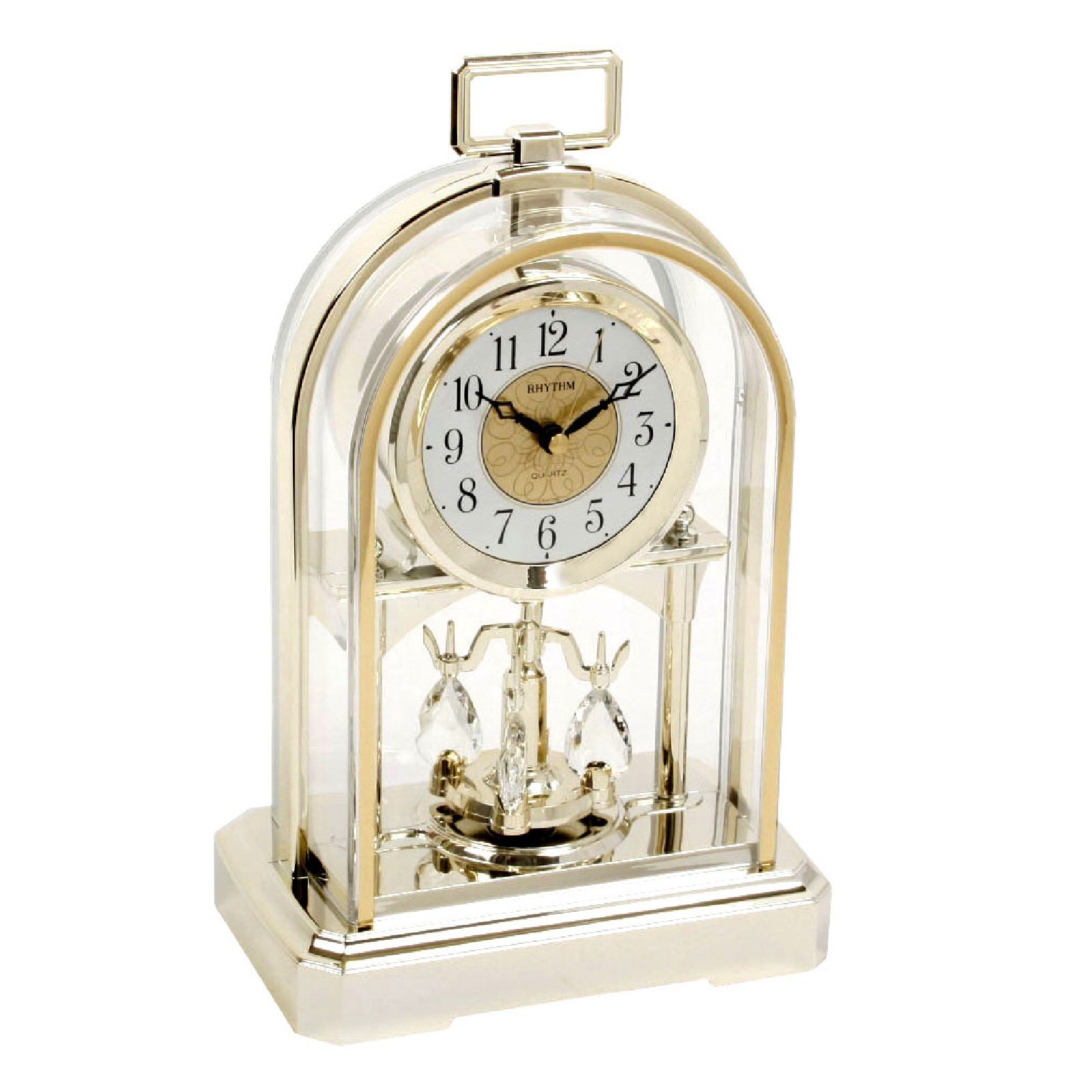 QUARTZ TABLE CLOCK WITH ROTATING PENDULUM, HOUSING GOLDFARBEN