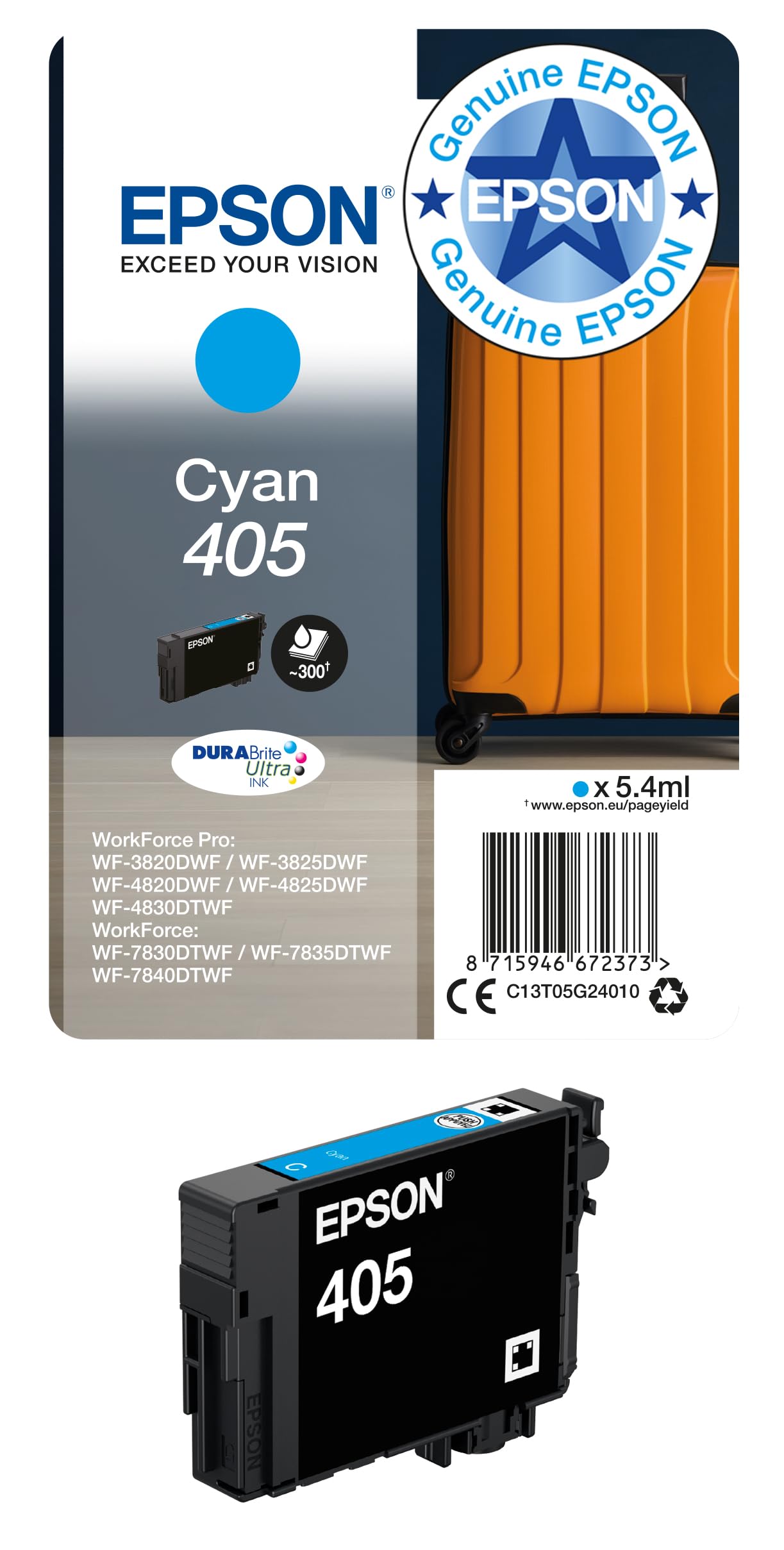 Epson 405 Cyan Suitcase Genuine, DURABrite Ultra Ink