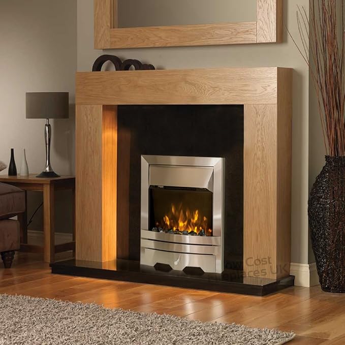 Electric Oak Modern Surround Black Back Panel and Hearth Silver Fire