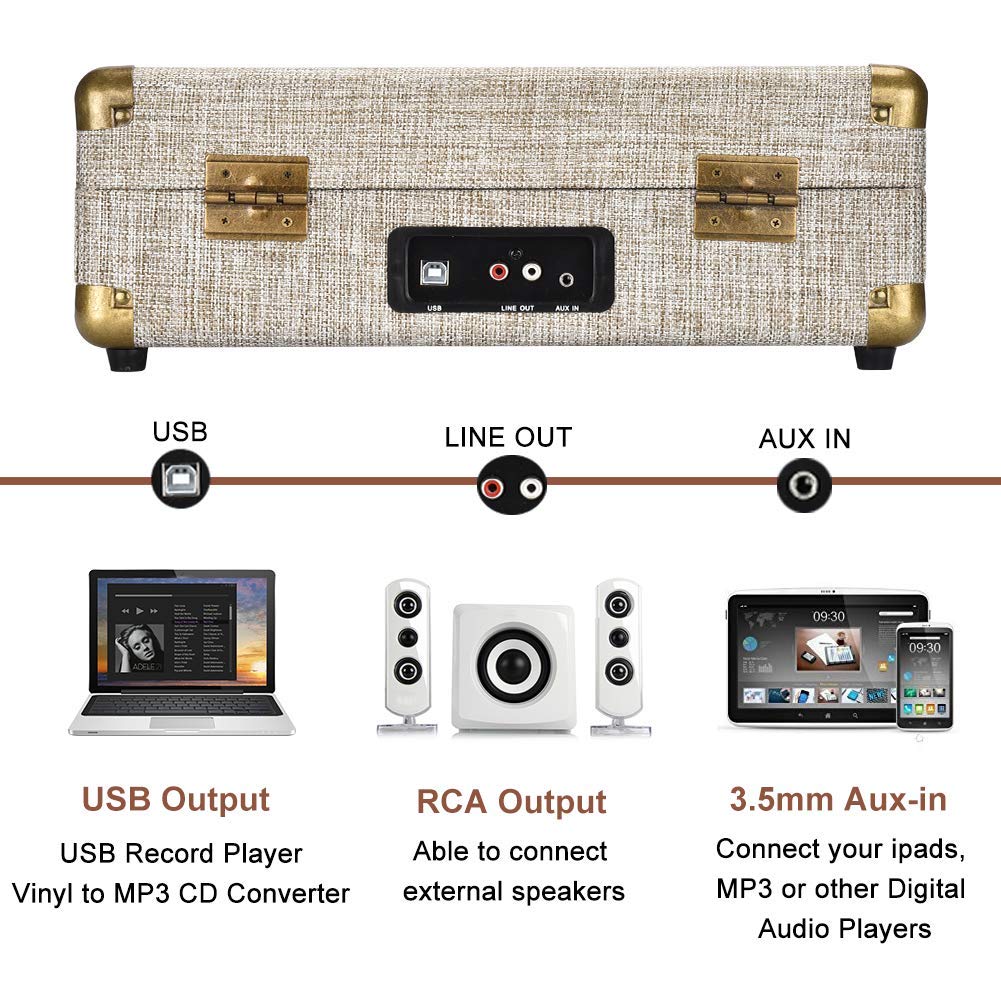 Vinyl Record Player, SKEVONO 3 Speed Portable Suitcase Turntable, Bluetooth Vintage Record Player with 2 Built-in Speakers, Supports RCA Output/Headphone Jack/Phone Music Playback (Light Beige Linen)