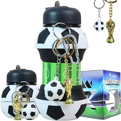 RIXOZ Football Water Bottle 550ml Collapsible with World Cup Trophy Keychain