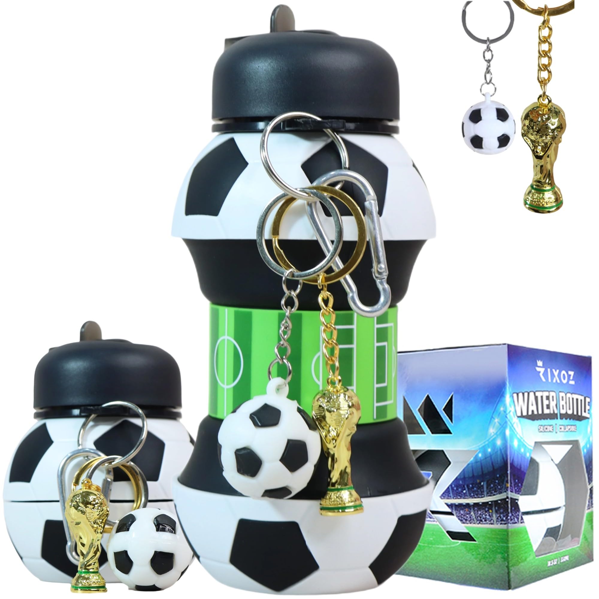 RIXOZ Football Water Bottle With World Cup Trophy Keychain - 550ml Silicone Collapsible Football Water Bottle
