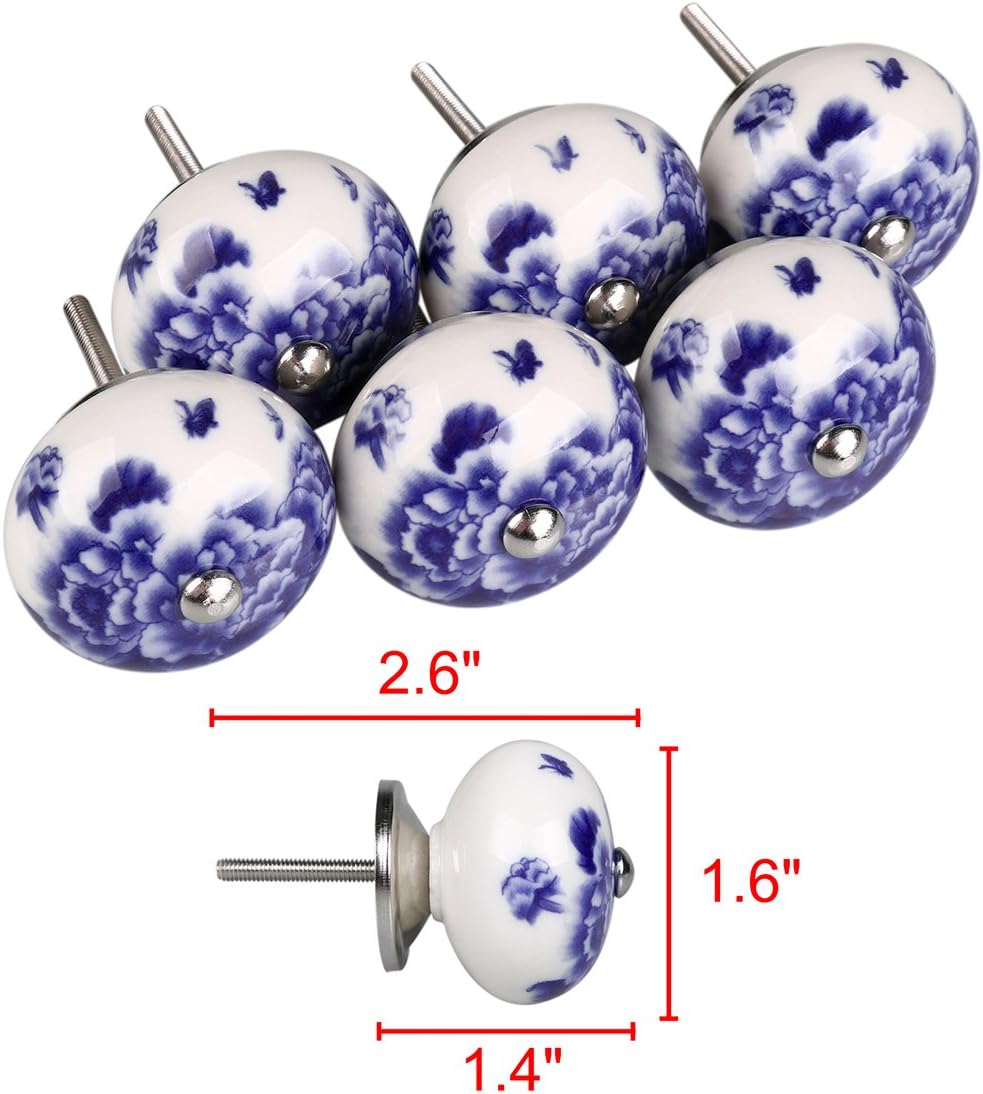 Sourcingmap 6 Pieces Vintage Shabby Knobs White and Blue Floral Hand Painted Ceramic Pumpkin Cupboard Wardrobe Cabinet Drawer Door Handles Pulls Knob - Image 3