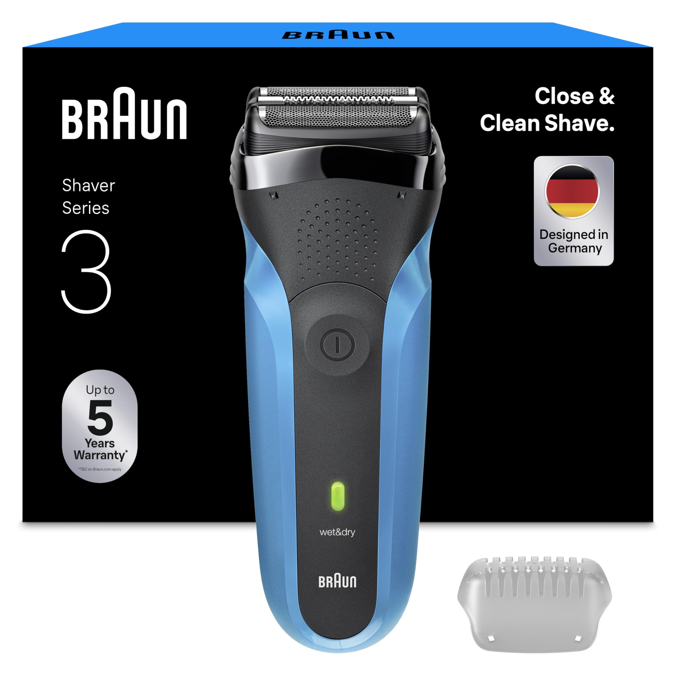 Braun Series 3 Electric Shaver For Men with Precision Beard Trimmer, Wet & Dry Electric Razor for Men, UK 2 Pin Plug, 310, Black/Blue Razor