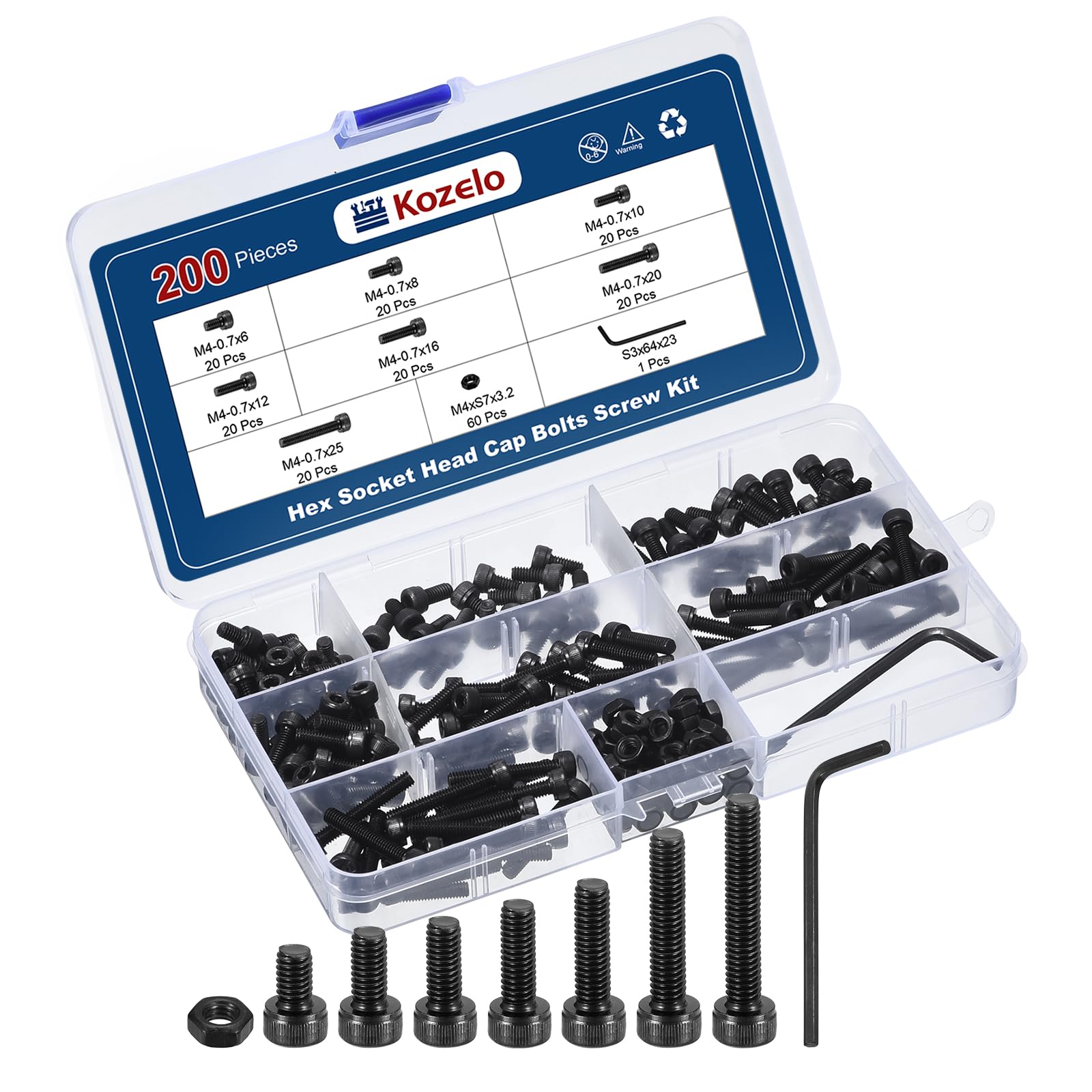 Kozelo 200pcs M4 Socket Head Cap Screws Bolts Nut Assortment Kit - [M4x6/8/10/12/16/20/25mm] Alloy Steel Fully Threaded Black Oxide 12.9 Internal Hex Screw for 3D Printer Use, with Wrench — image 1
