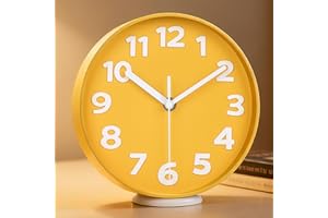 45MinST 8-Inch Yellow Modern Wall Clock – Silent Non-Ticking, 3D Large Numbers, Accurate Timekeeping | Decorative Wall & Desk Clock with Stand for Living Room, Bedroom, Kitchen, or Office