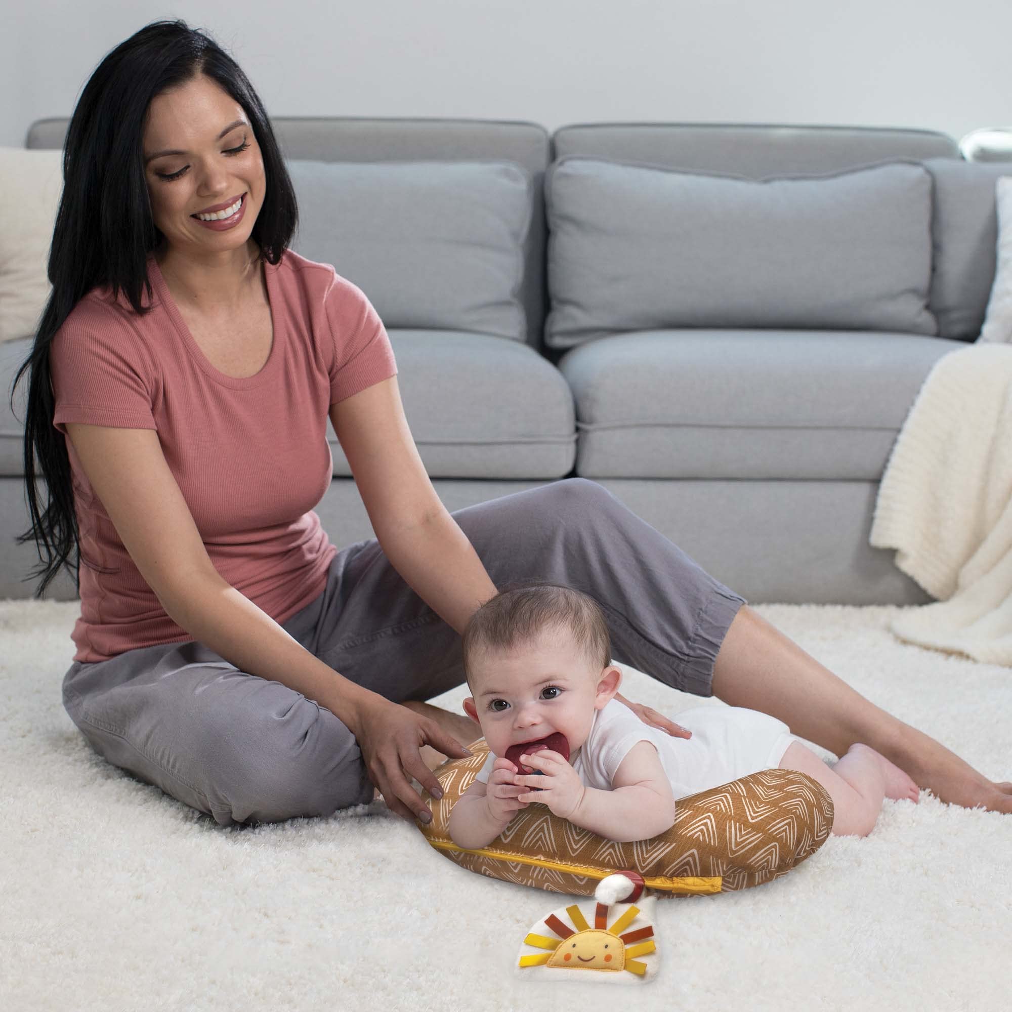 Boppy Tummy Time Prop, Golden Sun with Arrows with Two Removable Toys, A Smaller Size for Comfortable Tummy Time, Attached Toys Encourage Neck and Shoulder Strength Building