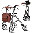 Uplivin Rollator Walker with Seat - 1 Step Double Folding 4 Wheel Trive Rollators Rolling Walker for Seniors, Lightweight Aluminum Foldable Rollator Mobility Walkers (Grey)