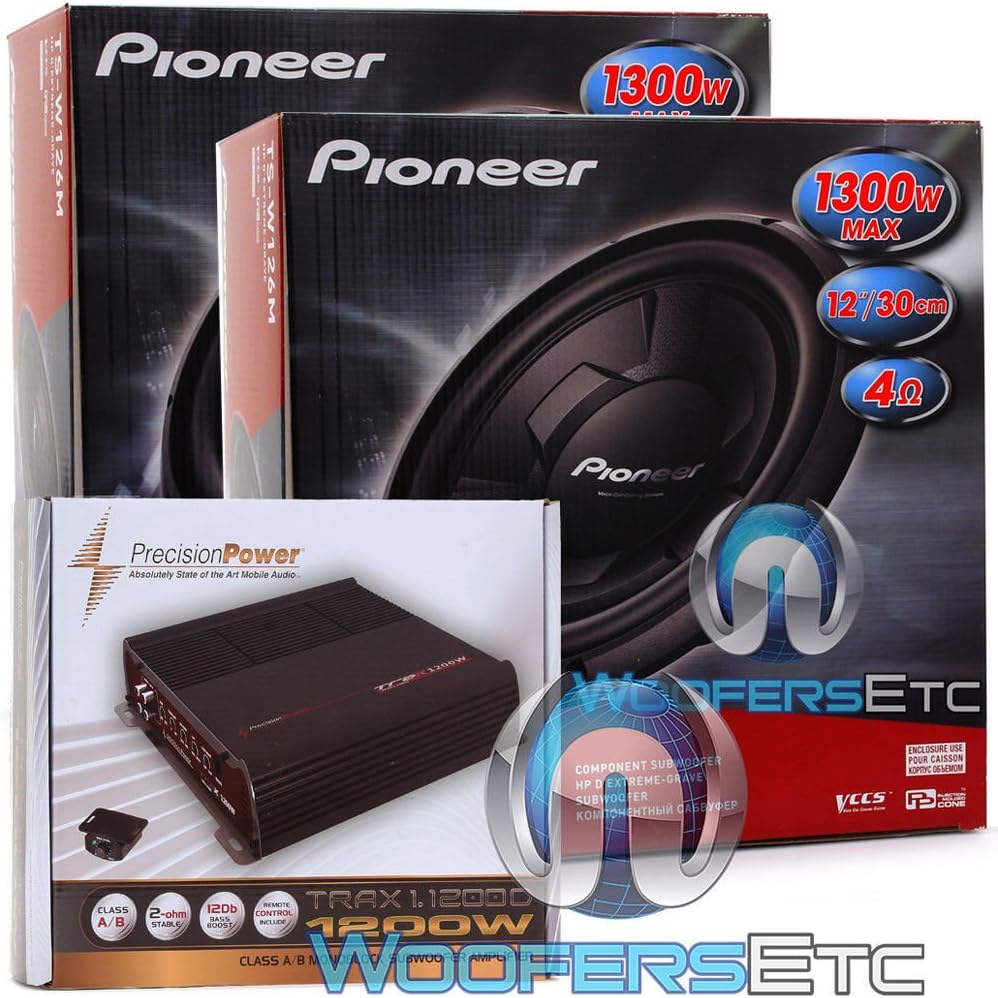 pkg PAIR of TS-W126M - Pioneer 12" 300W RMS Single 4-Ohm Subwoofers TRAX1.1200D + Precision Power Monoblock 1200W Class D Amplifier