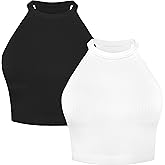 Sunzel Ribbed Tank Tops for Women, Halter High Neck Seamless Cute Crop Top, Basics Sleeveless Workout Athletic Yoga Shirts