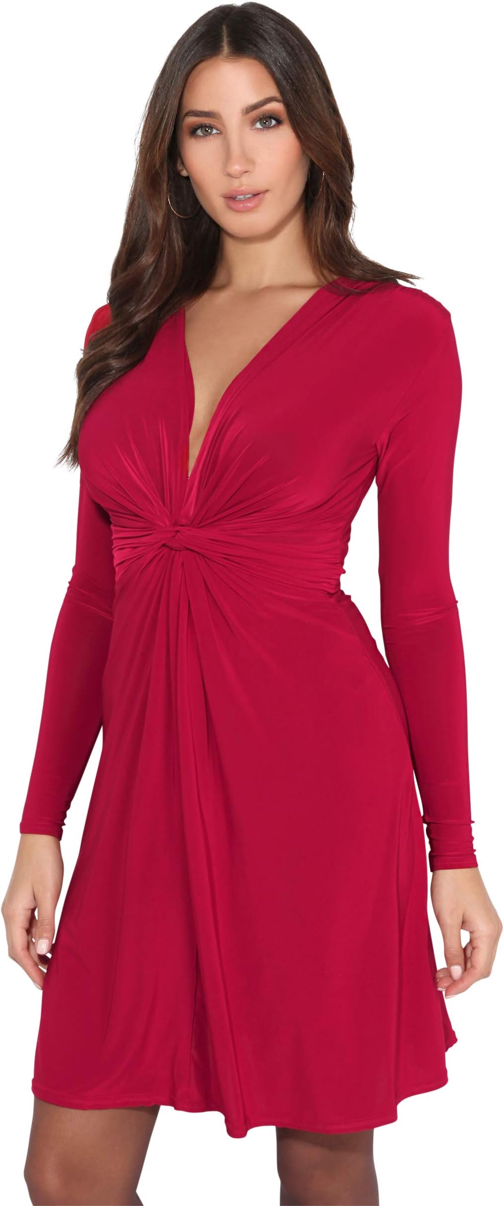 KRISP Women Ruched Knot Front Long Sleeve V Neck Casual Party Dress (Dark Red, 10 UK), 9878-DK/RED-10