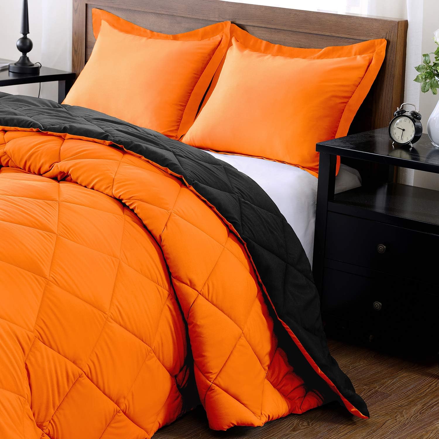 downluxe Lightweight Solid Comforter Set (Queen) with 2 Pillow Shams - 3-Piece Set - Orange and Black - Down Alternative Reversible Comforter: Home & Kitchen