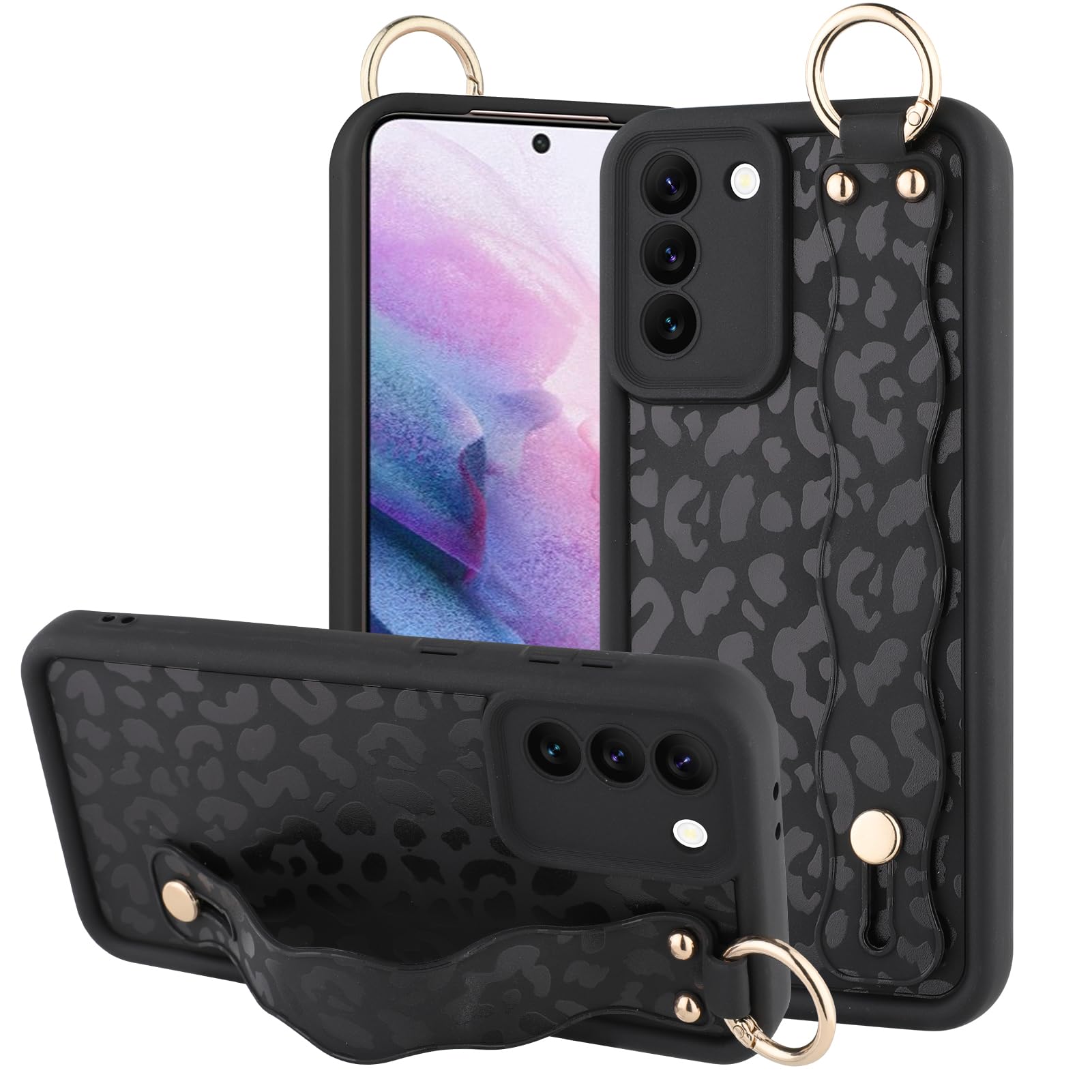 OOK Compatible with Samsung Galaxy S21 Plus Leopard Case with Wrist Strap, Cute Black Leopard Cheetah Pattern, Soft TPU Bumper Shockproof Protection Slim Cover for Women Girls, for 6.7inch