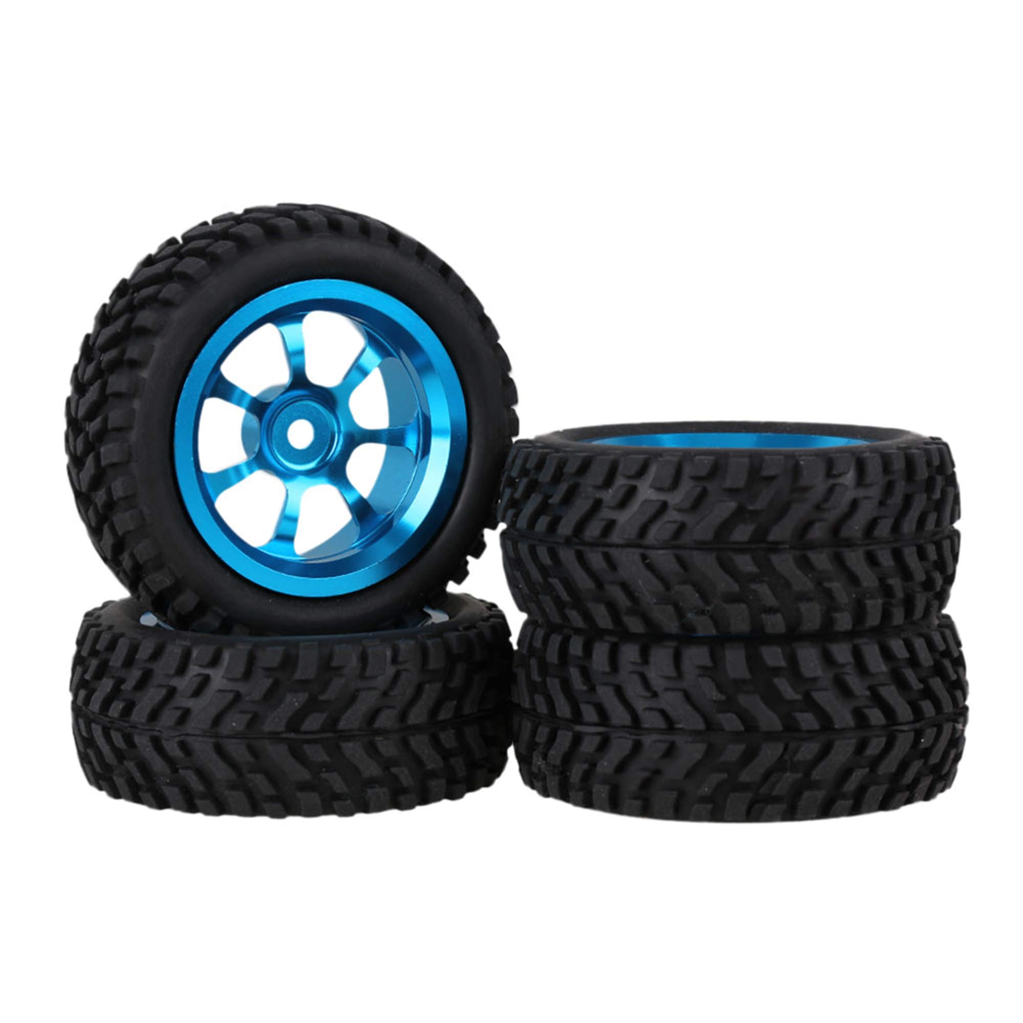 Mxfans 12mm Hex Blue Aluminum Alloy 7-Spoke Wheel Rims + Black 75mm Dia Beard Pattern Rubber Tyre for RC 1:10 On Road Car Pack of 4