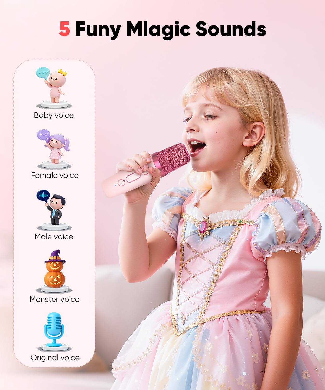 Mini Karaoke Machine Toy for Kids, Portable Karaoke Machine with 2 Wireless Microphone for 4,5,6,7,8,9,10,11,12+ Years Old Christmas Birthday Gifts Girls Boys (Pink)