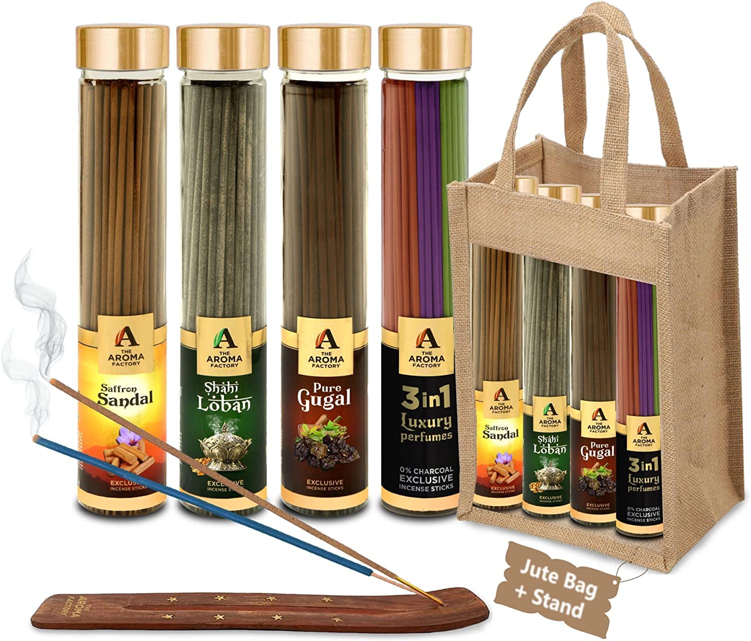 The Aroma Factory Organic Incense Sticks Natural Aromatic Fragrances | Charcoal Free| Non Toxic | Hand Made Herbal Pooja Agarbatti, Combo of 4 x 100g Jute Gift Set (Religious Aromas)