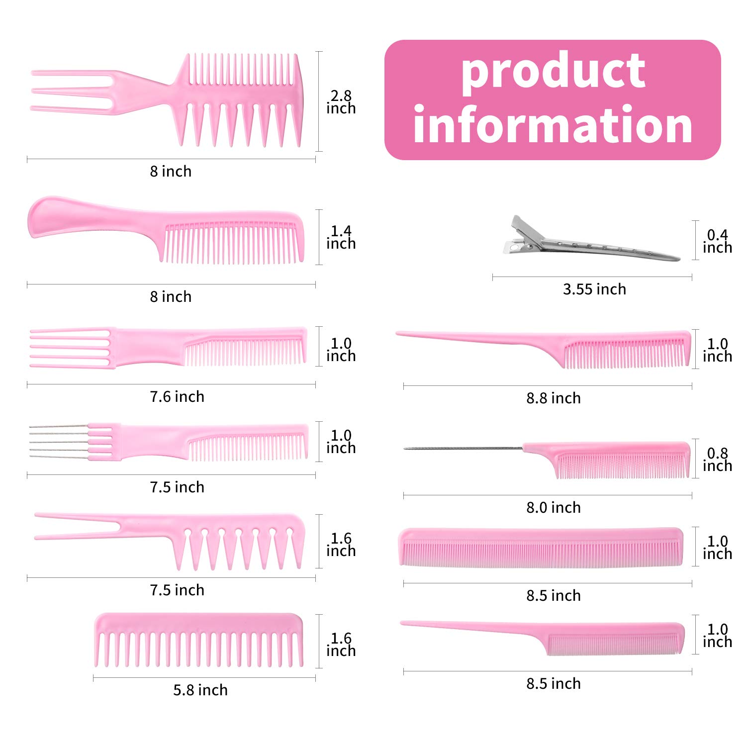 Vebiys Magic 10 piece professional styling comb set - Anti Static Coarse Fine Toothed Pick Combs - hair styles for women, men, girls, and boys - Suitable for stylist (Pink) : Beauty