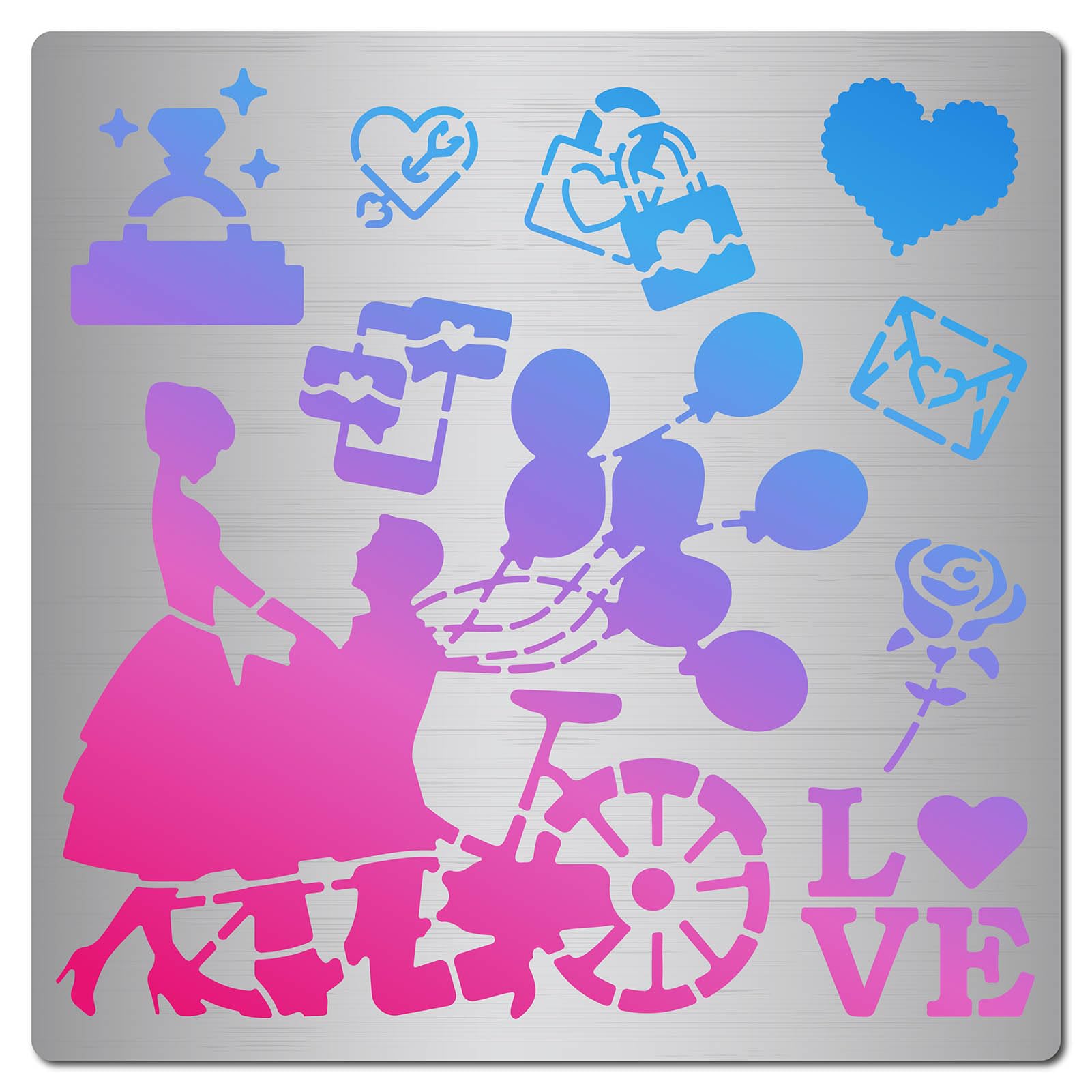 GORGECRAFT 16x16cm Valentine's Day Stencils Love Heart Stencils Heart Rose Balloons Love Words Stainless Steel Craft Painting Templates for Wood Burning Engraving Crafting Scrapbook Art Ornate Party