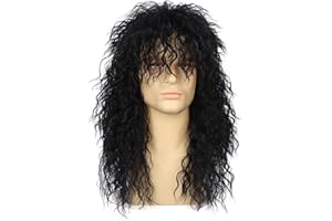 Wallden Hair 80s Costume Wig for Men Women Glueless Wear and Go Wig Long Curly Black Rocker Metal Wig Heat Resistant Halloween Cosplay Party Wigs