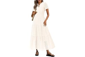 PRETTYGARDEN Womens 2025 Summer Maxi Dress Short Sleeve V Neck Hollow Out Eyelet A Line Long Flowy Beach Vacation Dresses