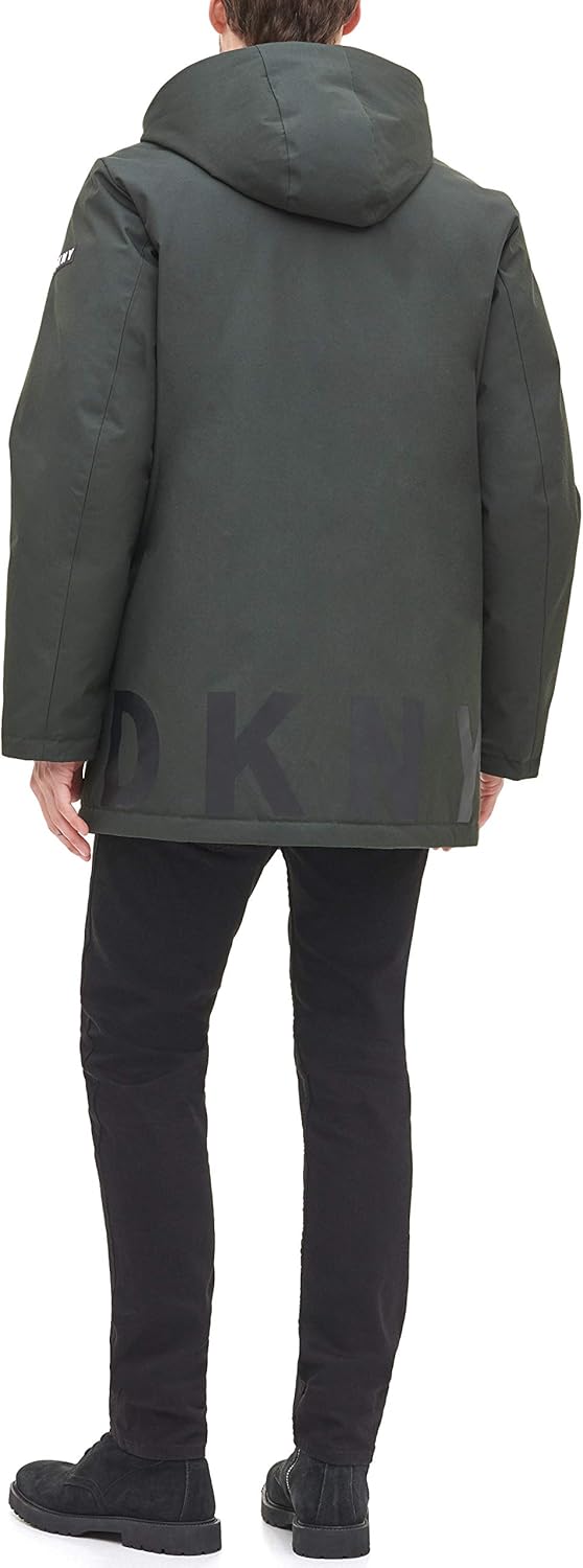 DKNY Men's Water Resistant Hooded Logo Parka Jacket at  Men’s Clothing store
