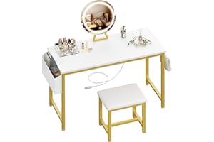 KAI-ROAD White Makeup Vanity Desk with Lights - 40“ Vanitys with Lighted Mirror & Power Outlet, Make Up Vanity Set with Chair, Dressing Table Vanities for Girls Bedroom, Gold