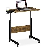 Klvied Adjustable Mobile Laptop Stand, Walnut | Cup holder, lockable casters, ergonomic height, overbed for couch/bedside, home office