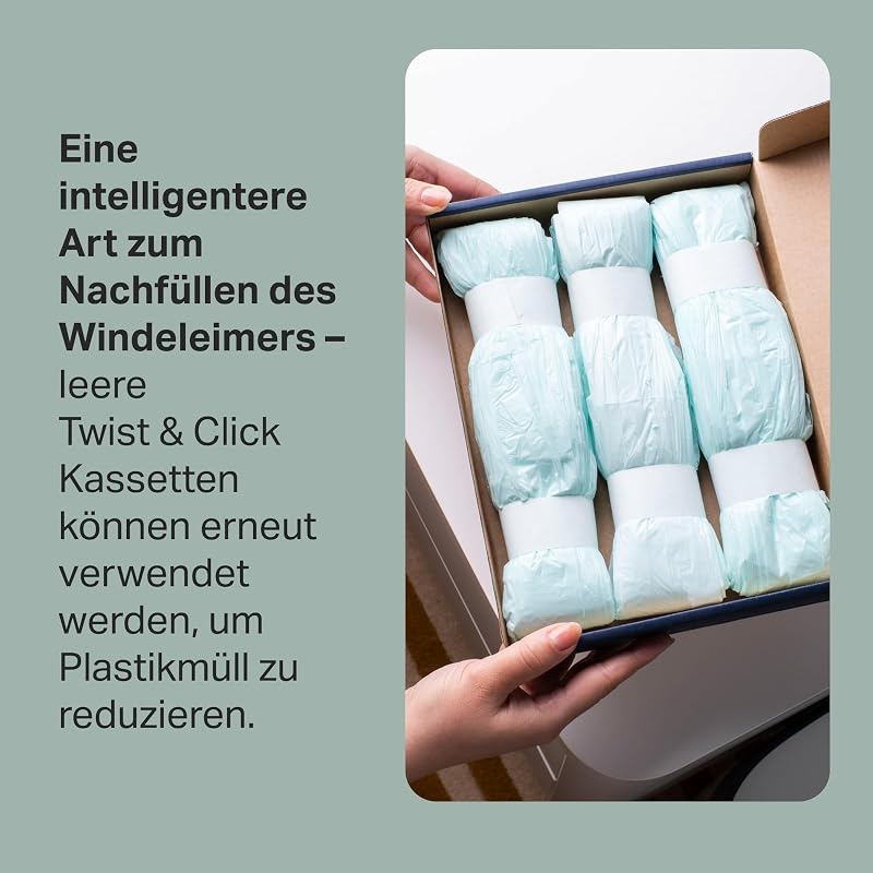 Twist & Click Nachfüllfolie für Windeleimer, 6er-Pack, je 10,5 m, mehrlagige antibakterielle* Folie, passend für Twist & Click Kassette, 6 x 10,5 m