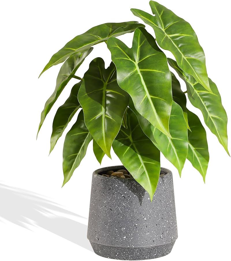 LUWENER Fake Plant Sea Taro Leaves in Grey Pot 13 Inches Tall