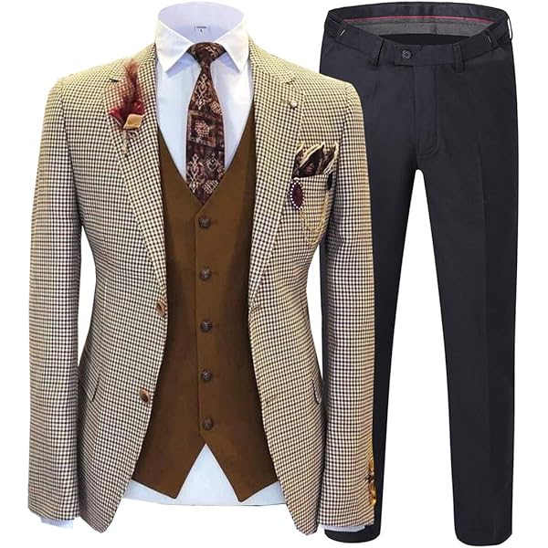 Men's 3 Piece Suit with Houndstooth Blazer Retro Tweed Scottish