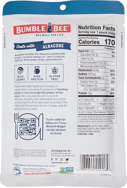BUMBLE BEE CHUNK WHITE ALBACORE TUNA IN WATER, 5 OZ POUCH – READY TO EAT WILD CAUGHT TUNA PACKET – 33G PROTEIN PER POUCH, HIGH IN OMEGA-3S – NON-GMO, GLUTEN FREE, KOSHER
