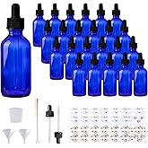 Comrzor 24 Pack 2oz Cobalt Blue Glass Bottles with Glass Eye Droppers for Essential Oils, Perfumes (Brush, Funnels, 2 Extra D