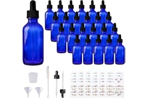 Comrzor 24 Pack 2oz Cobalt Blue Glass Bottles with Glass Eye Droppers for Essential Oils, Perfumes & Lab Chemicals (Brush, Funnels, 2 Extra Droppers, 36 Pieces Labels & 30ml Measuring Cup Included)