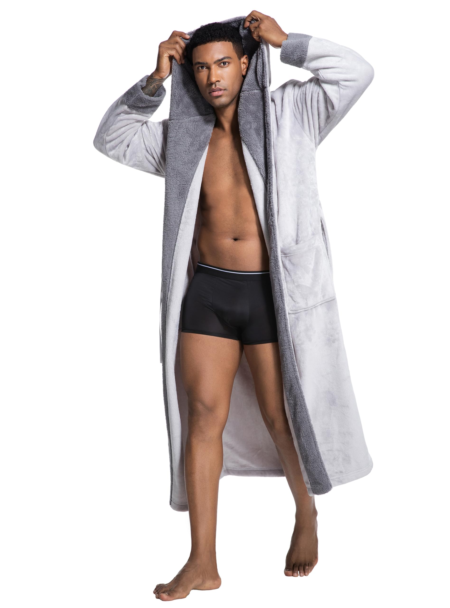 SlumberMee Men's Heavyweight 300GSM Flannel Robe with Hood Full Length with Deep Pockets and Fixed Belts Fleece Plush Thermal Bathrobe Luxurious Housecoat (Silver Grey, L) Image