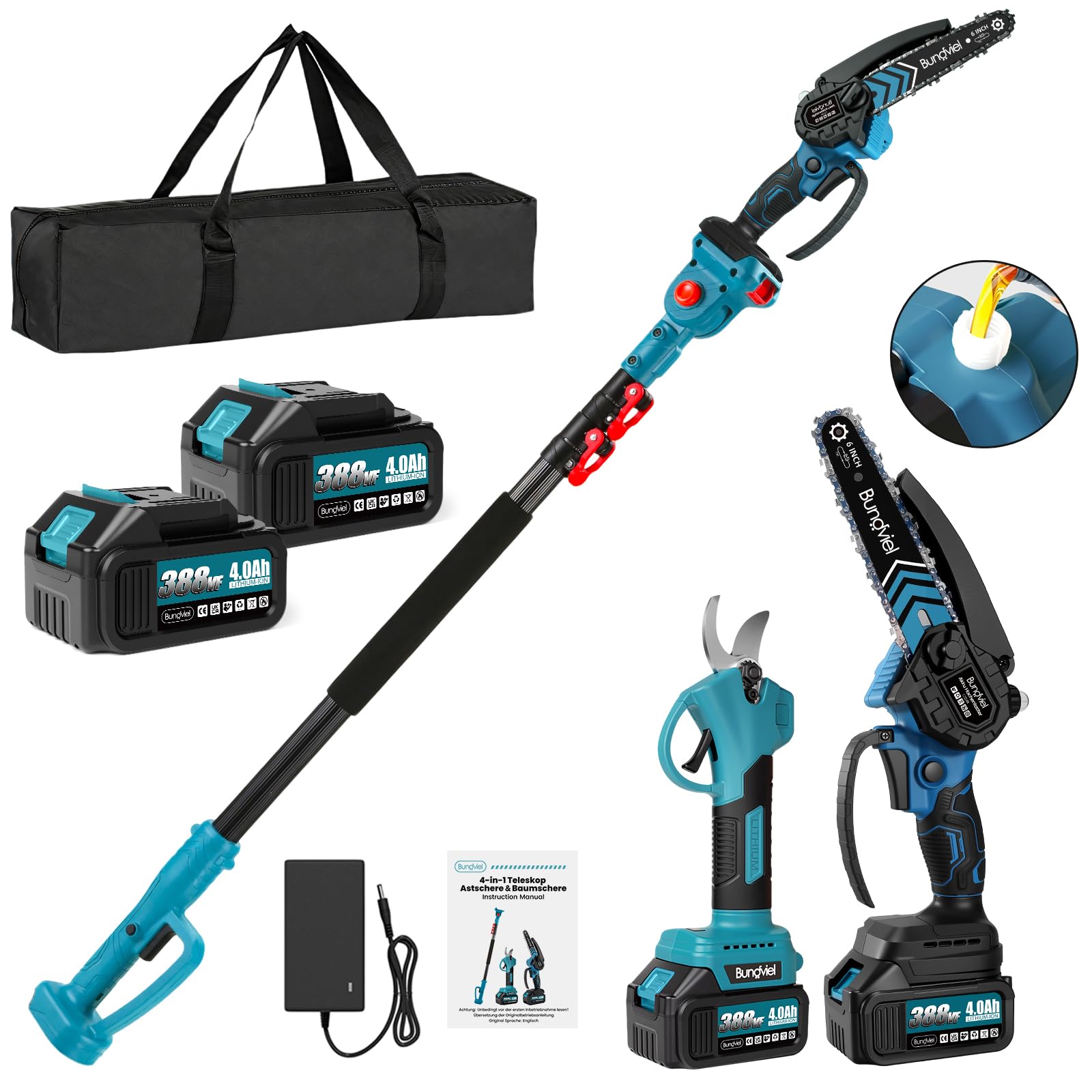 Bundviel 4-in-1 Akku Hochentaster kompatibel mit Makita Akku, Bürstenloser 6 Zoll Mini Kettensäge & 25mm Elektrische Gartenschere 2x 4.0Ah Akku, bis 235,5cm Teleskopstange für Garten Baumschnitt