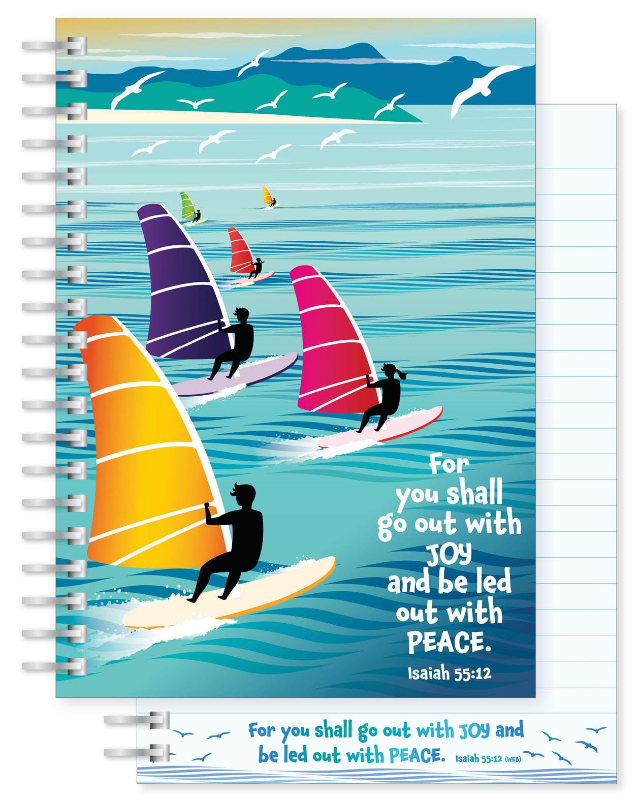 Christian Notebook, Go out in joy, softback notebook A5 lined, with Isaiah 55:12 Bible verse. Perfect as a Bible Study Journal or Christian Gift, by Just Cards Direct