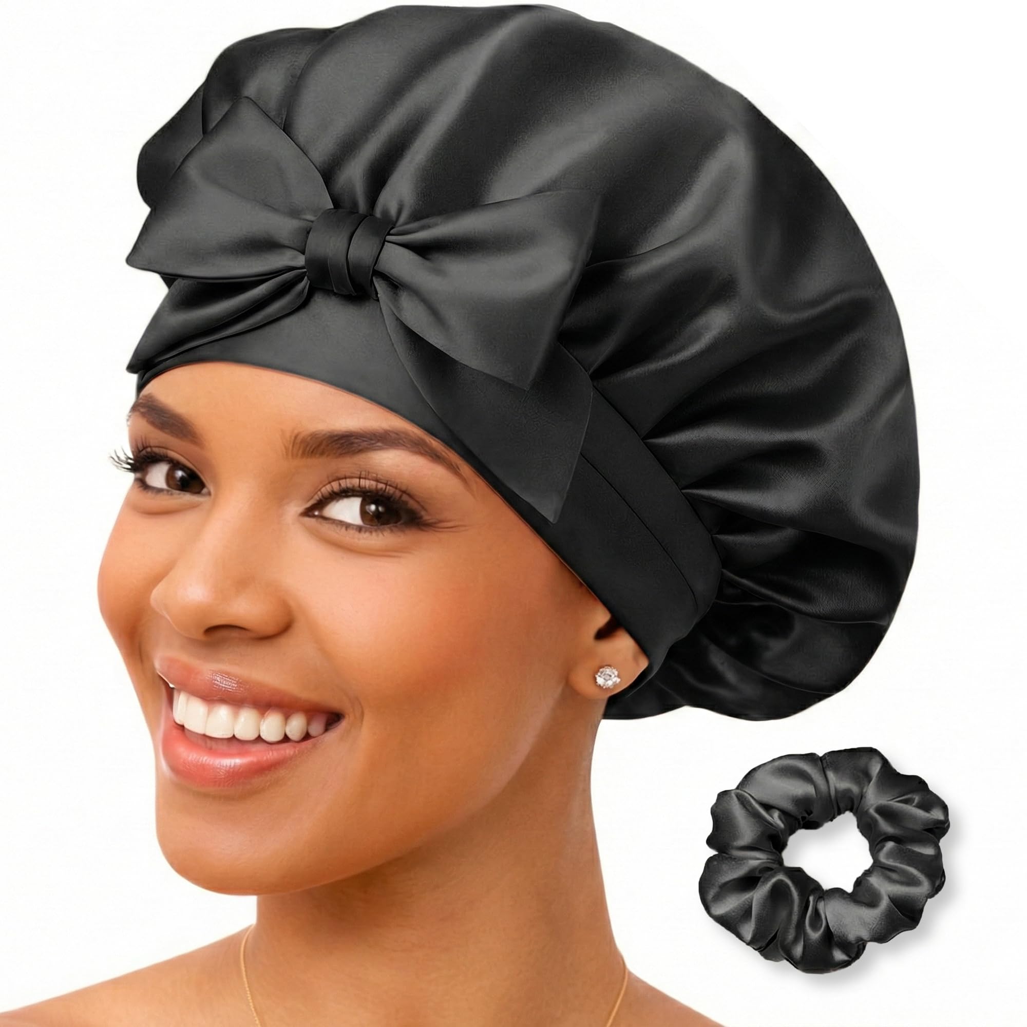 Golden Star Beauty Silk Bonnet Sleeping Cap For Women, Made of Real 100% Mulberry Silk, Soft and Easy to Use, Breathable & Adjustable Sleep Caps, Fine Hair Wrap - Night Head Cap for Curly Hair (Black) — image 1
