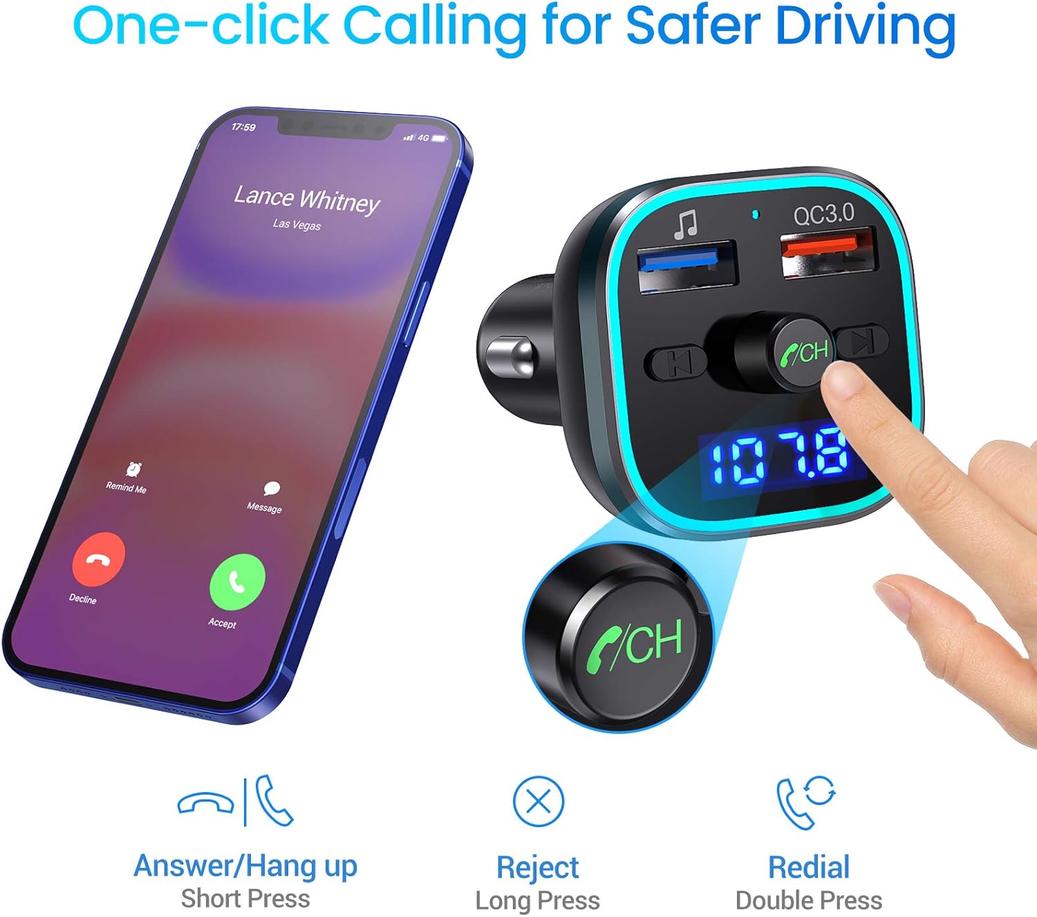 Weback Bluetooth FM Transmitter for Car, BT 5.0 &QC3.0 Wireless Bluetooth FM Audio Adapter Music Player Car Kit with LED Backlit, Hands-Free Calling, 2 USB Ports, Hi-Fi Music, Support U Disk/TF Card