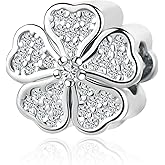 Luluadorn Flower Lucky Charm for Bracelets Necklace Pendant Clear Cubic Zirconia Silver Good Luck Clover Bead Gifts for Wife Sister Family Birthday Anniversary Christmas