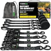 Rhino USA Heavy Duty Ratchet Tie Downs (4-Pack) - 1.6in x 8ft, 5,000lb | 5,000lb Break Strength. Manual Ratchet w/ Safety S Hooks &amp; Soft Loops. For Trucks, ATV, UTV, Motorcycle &amp; Cargo. Black