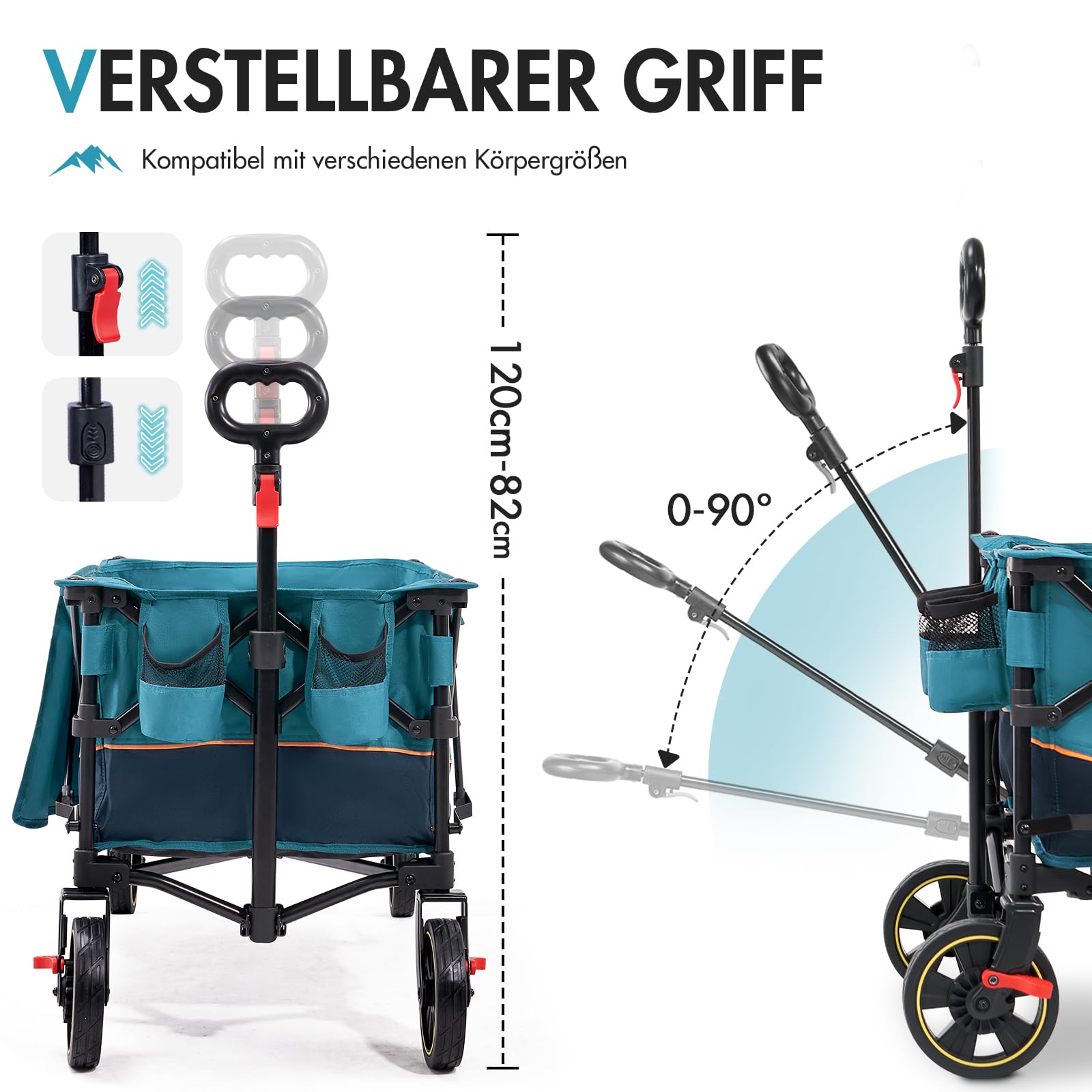 Portal Bollerwagen faltbar XXL Große Ladefläche 120kg belastbar Handwagen mit Getränkehalter Seitentasche Transportwagen Leiterwagen klappbar Strandwagen Faltwagen für Garten Camping Festival 6